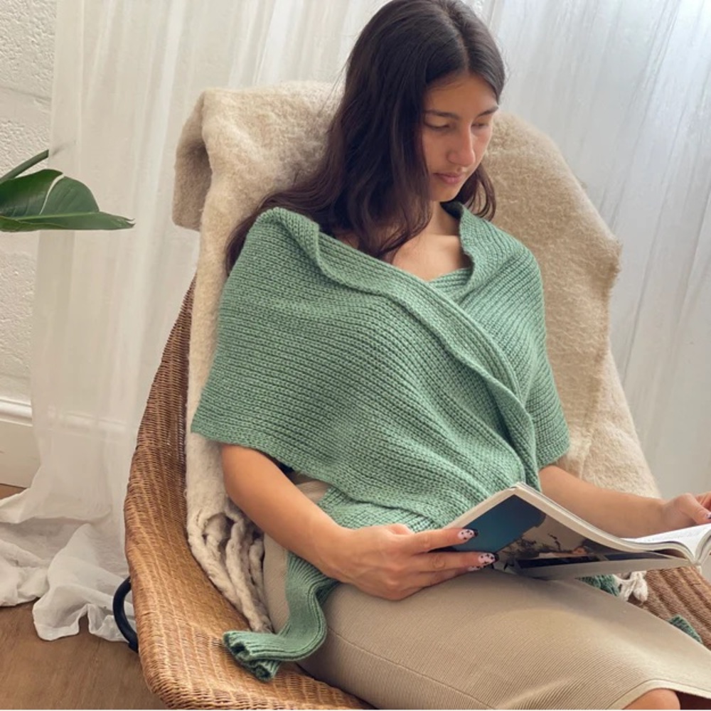 Elegant Mint Green Knit Shrug or Scarf with Sleeves